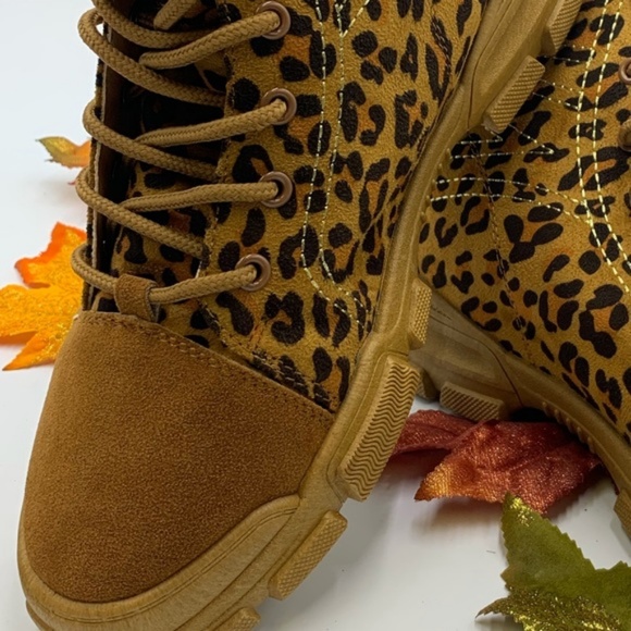 Canvas & Faux Suede Combat Boots in Leopard - Picture 7 of 8